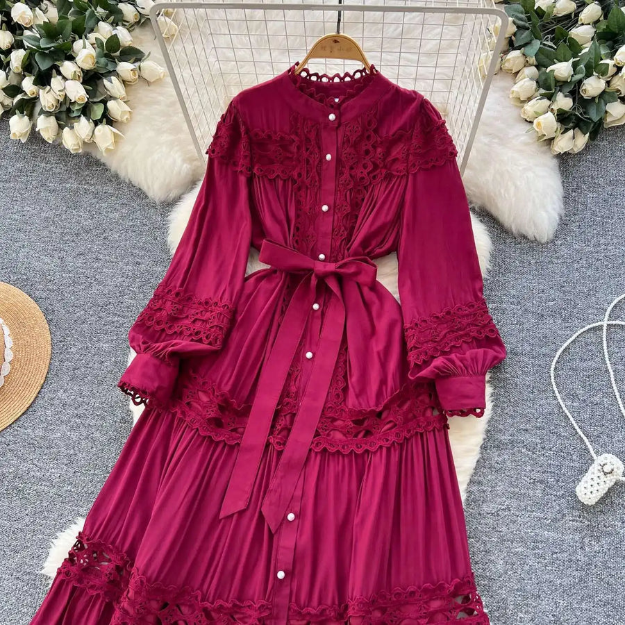 Elegant retro style slit maxi dress with pearl buttons and high-quality crochet embroidery