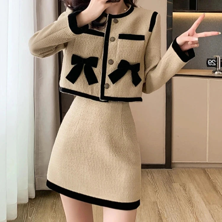 Single Breasted Bow Tweed Short Jacket Coat + Mini Pencil Skirt Two Piece Set High Quality