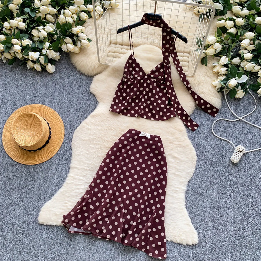 Retro Polka Dot Skirt Set Women Summer Sweet Style Fashion Temperament Camisole Top and Fashion Bodycon Skirt Women Skirt Set