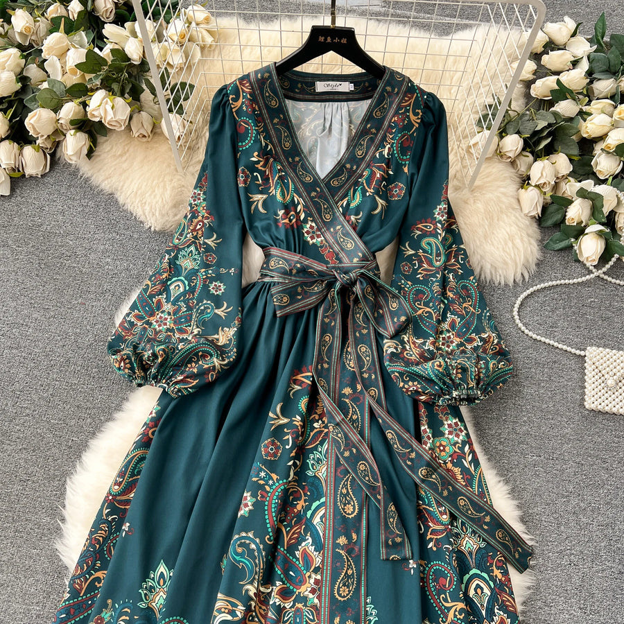 High quality vintage floral prints V-neck elegant long dress