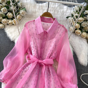 Fashion Temperament Bandage Slim Waist Dress Fairy Gauze Ruffled Long Robe Turn-down Collar Single Breasted Diamonds Vestidos
