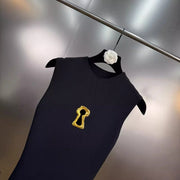 Solid Spliced Hollow Out Long Knitting Dress for Women O Neck Sleeveless High Waist Patchwork Metal Buckle Dresses Female