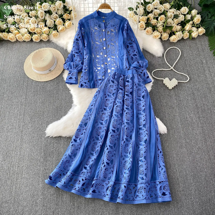 Summer Embroidery Maxi Dress Two Piece Set Women Blue Hollow Lace Long Sleeve Blouse Shirts 3pcs Sets Elastic Waist Skirts Suits