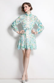 High Quality Belted Hollow Out Button Down Embroidered Long Sleeve Dress