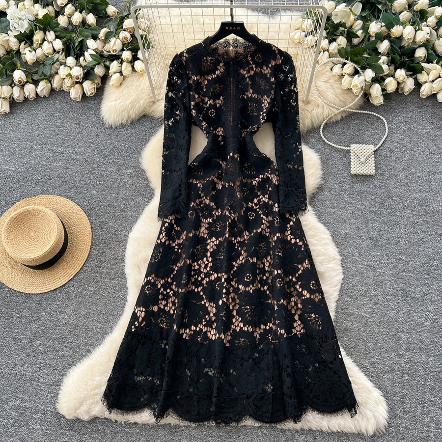 Chic vintage Hook flower hollow lace long sleeve Elegant Fairy korean fashion autumn Party women clothing