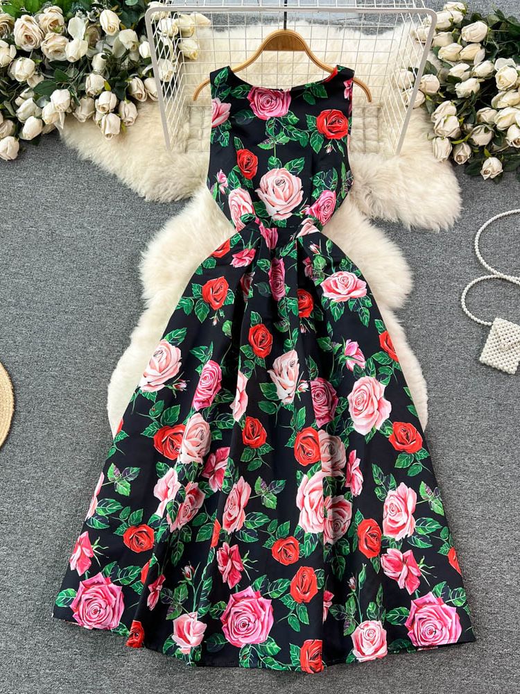 High Quality O Neck Sleeveless Floral Midi Dress