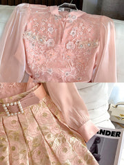 Flower Embroidery Two Piece Set Elegant Pearl Pink Blouse Shirt+Belt High Quality Floral Jacquard Midi Skirt