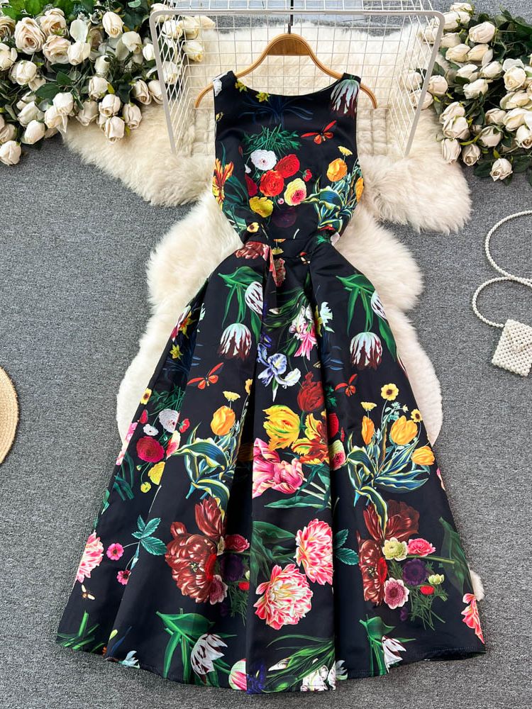 High Quality O Neck Sleeveless Floral Midi Dress