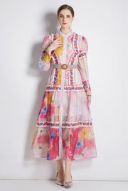 High Quality Belted Lantern Sleeve High Neck Flower Print Dress