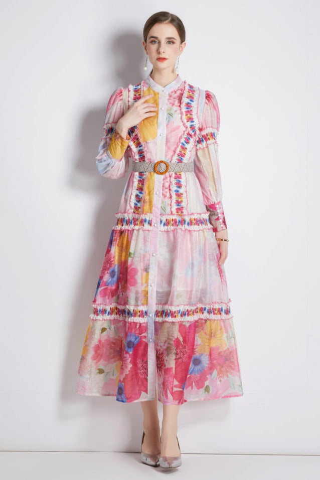 High Quality Belted Lantern Sleeve High Neck Flower Print Dress