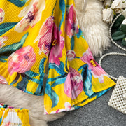 Autumn Women Draped Two Piece Set Bohemian Female Floral Pleated Short Blouse + High Waist Wide Leg Pants Chiffon Suit 2Pcs New