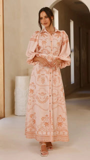 Women Shirt Collar Vintage Floral Print Puff Sleeve Single Breasted Spring Summer Long A Line Cotton Linen Dress