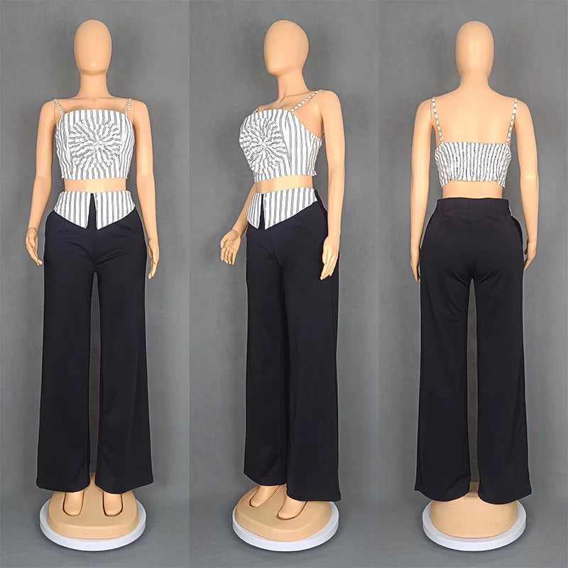Short two-piece set with striped straps and floral appliqués, wide-legged pants
