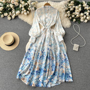 High Quality Satin Belted Floral Print Lantern Sleeve Dress