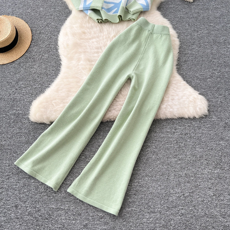 Casual Knitted Sets Ladies O Neck Loose Multicolor Tops+Basic Long Pants American Style High Quality Sweater Suits