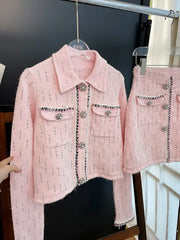 Slim Fit Spring Autumn Office Ladies Pink Tweed Short Jacket High Waist A-Line Skirt Two Piece Set Elegant Women Fashion Sets