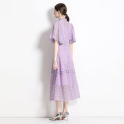 High Quality Long Purple Lantern Sleeve Elegant Lace Dress