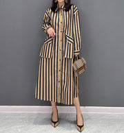 High Quality Long Sleeve Loose Khaki Striped Big Pocket Dress