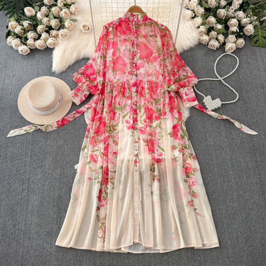 Sweet Print Lace Up French Style Femme Robe Stand Collar Lantern Sleeve Slim Fit Mujer Chiffon Ruched High Waist Dresses