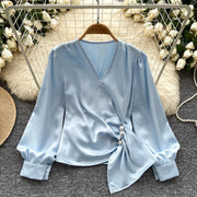 Basic long sleeve V-neck blouse, vintage asymmetrical style, beaded embroidered, high-quality pleated