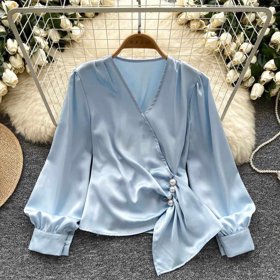 Basic long sleeve V-neck blouse, vintage asymmetrical style, beaded embroidered, high-quality pleated