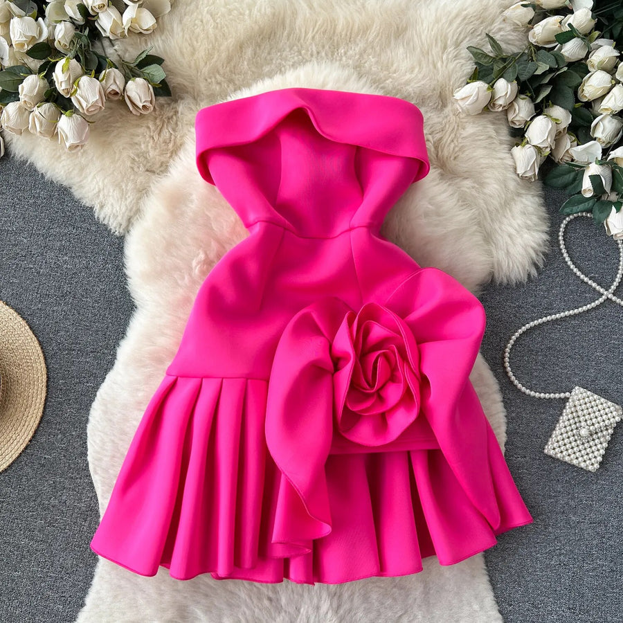 High quality three-dimensional flower high waist sexy elegant dress