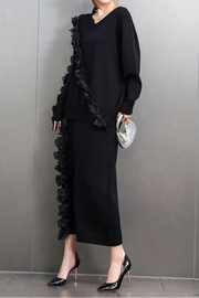 Black Elegant Casual Set Loose Knitted Sweater+Long Skirt High Quality