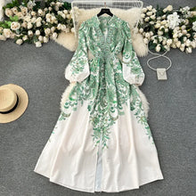 Elegant floral print dress with bubble sleeves wrapped waist high quality