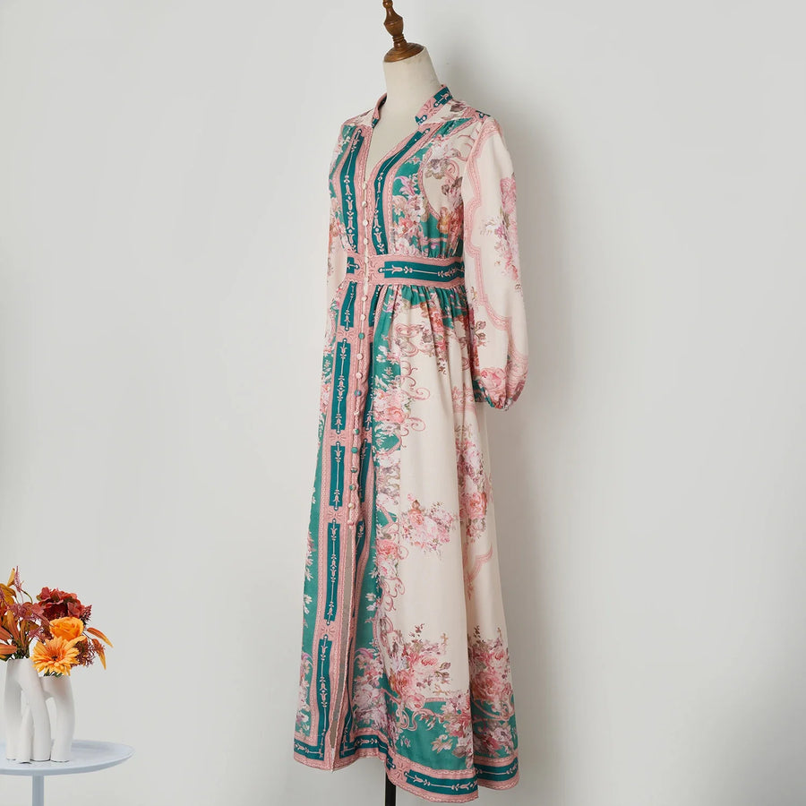 High Quality Vintage Style Long Patchwork Print Long Sleeve Dress