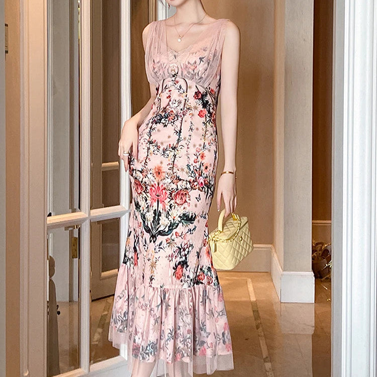 Summer Fashion Pink Floral Print Vacation Evening Dress Women Clothes Elegant Sexy Tank V-Neck Slim Long Robe Party Prom Vestido