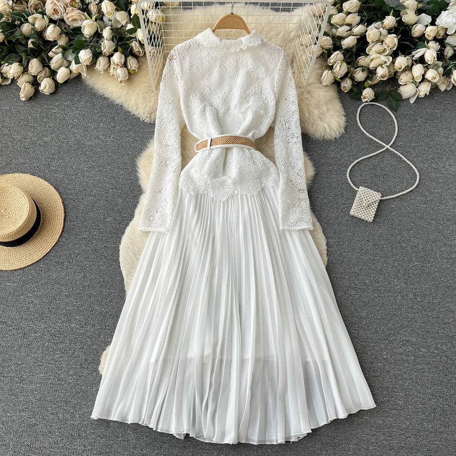 High Quality Long Sleeve Floral Embroidery Button Pleated White Elegant Dress