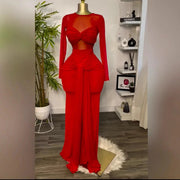 High Quality Nightclub Long Sleeve Bow Sheer Mesh Maxi Dress