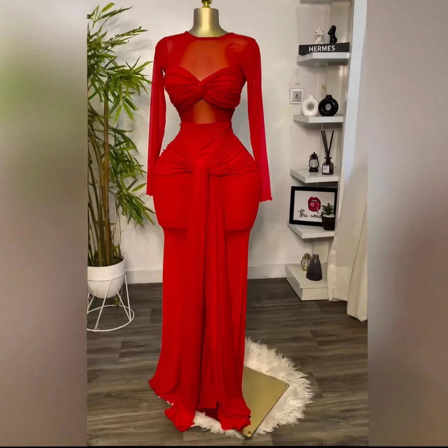 High Quality Nightclub Long Sleeve Bow Sheer Mesh Maxi Dress