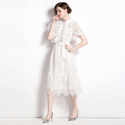 High quality embroidered dress high neck lantern sleeve short with ruffles and bows