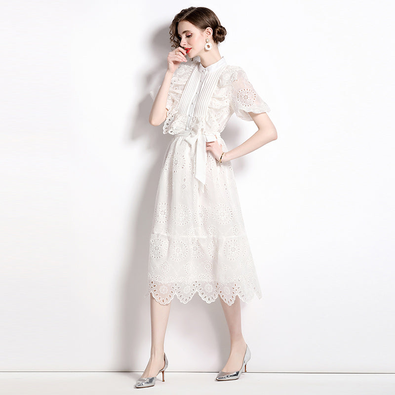 High quality embroidered dress high neck lantern sleeve short with ruffles and bows