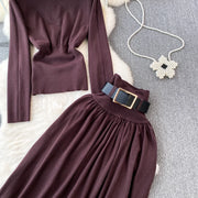 Women Elegant Office Two Piece Sets Autumn Winter Long Sleeved Standing Neck Sweater Top High Waist Slim A-line Long Skirt Suits