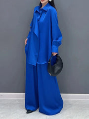 Red and Blue Solid Color Matching Loose Sets Long Sleeve Shirt+Wide Leg Pants High Quality