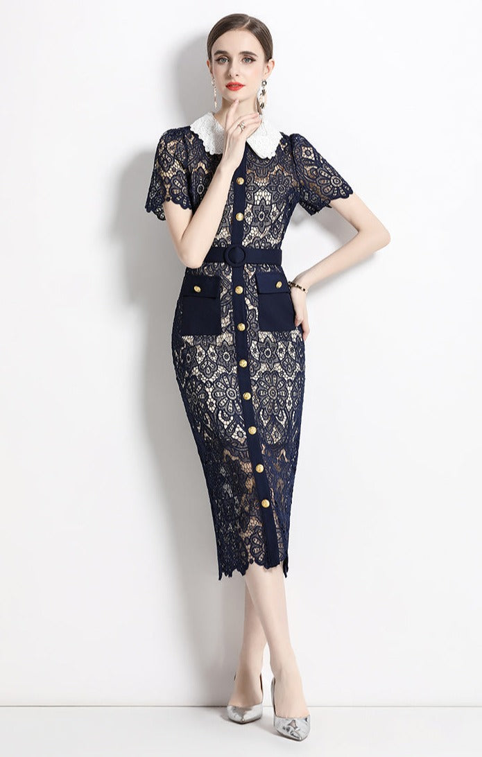 High Quality Button Pocket Lace Knee-Length Temperament Slim High Waist Pencil Dress