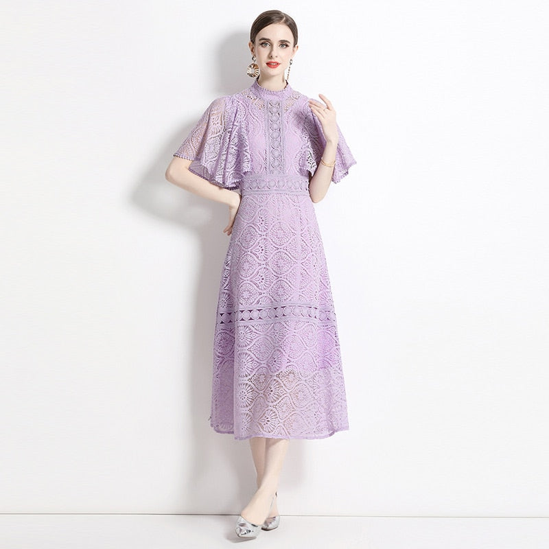 High Quality Long Purple Lantern Sleeve Elegant Lace Dress