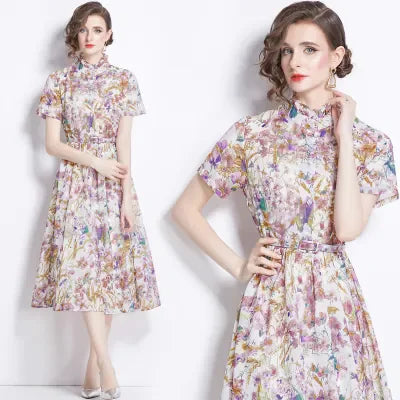 High quality vintage short sleeve printed dresses with belt