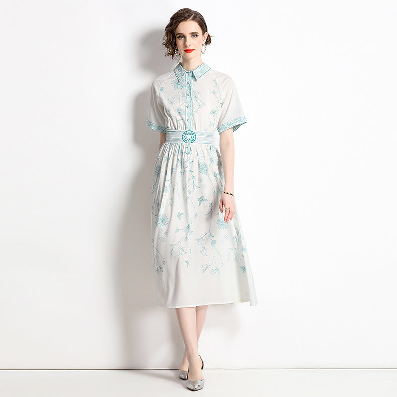 High Quality A-Line Floral Print Turn-down Collar Short Sleeve Chiffon Elegant Dress