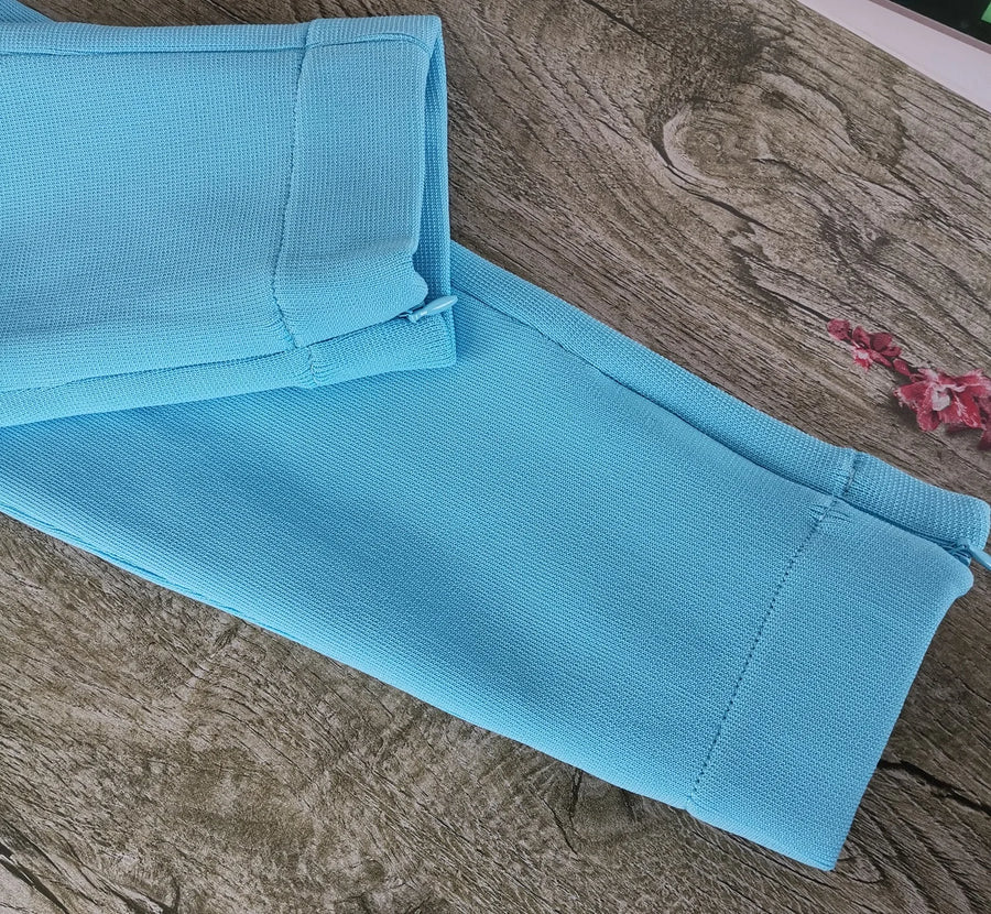 Luxury Ruffle Blue Bandage Sets with High Waist Skinny Pants