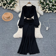 Elegant Pleated Vintage V-neck Chic Long Sleeve Slim Split Dress Korean Fashion Evening Party High Street Autumn Winter Clothing