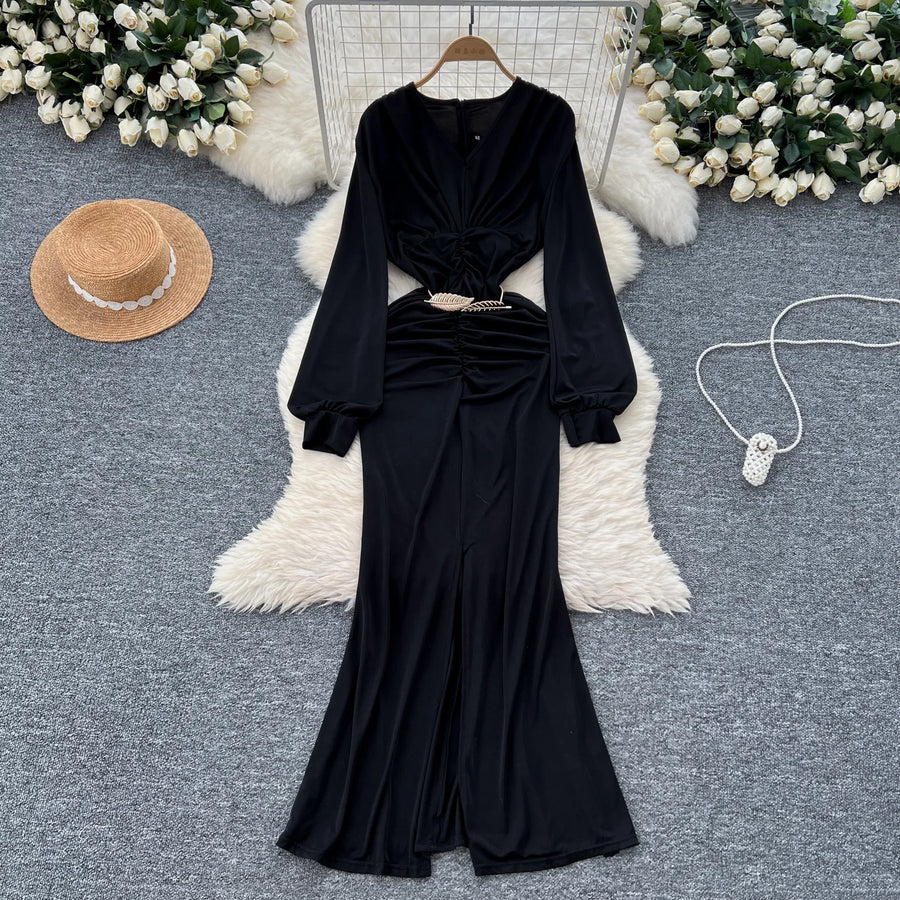 Elegant Pleated Vintage V-neck Chic Long Sleeve Slim Split Dress Korean Fashion Evening Party High Street Autumn Winter Clothing