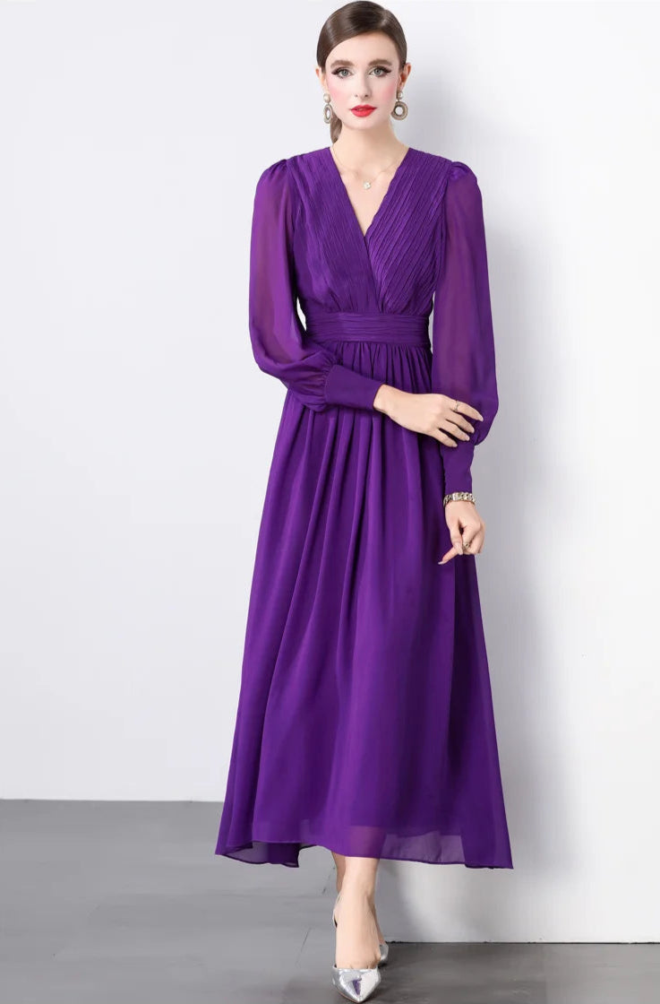 High quality V-neckline puff sleeve high waist draped chiffon long dress