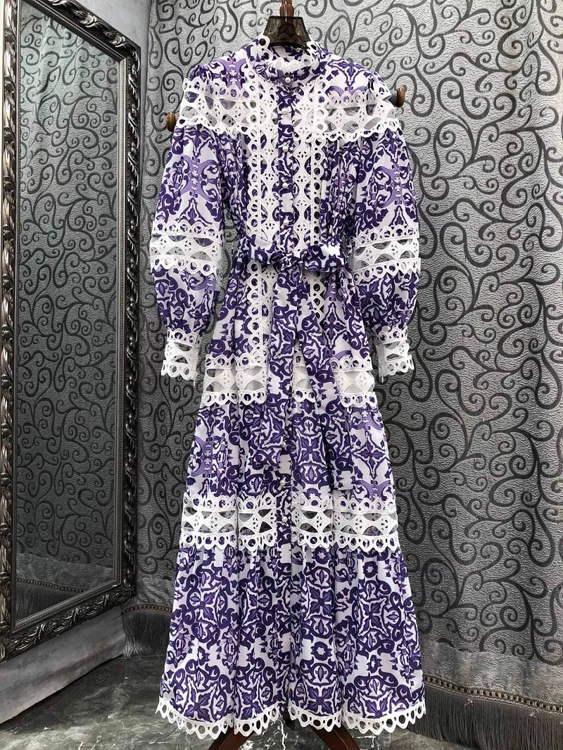 High Quality Purple Green Pink Long Sleeve Hollow Out Embroidery Vintage Print Maxi Dress