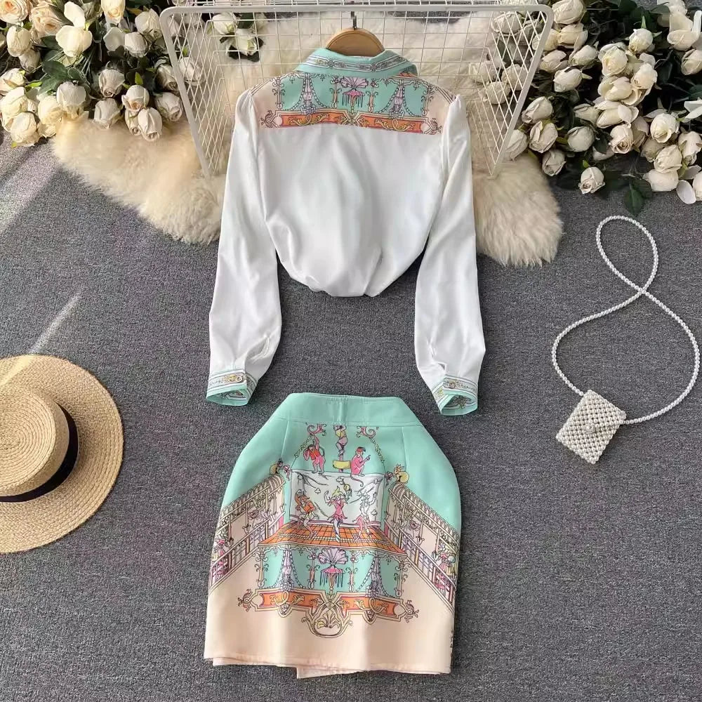Summer Cartoon 2 Pieces Set Women Turn Down Collar Long Sleeve Two Pockets Chiffon Shirt Top + Irregular Vintage Mini Skirt Suit