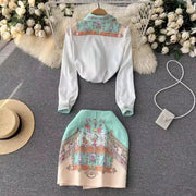 Summer Cartoon 2 Pieces Set Women Turn Down Collar Long Sleeve Two Pockets Chiffon Shirt Top + Irregular Vintage Mini Skirt Suit