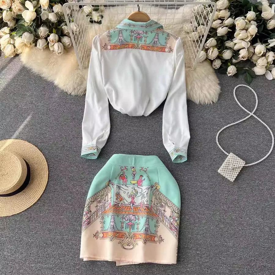 Summer Cartoon 2 Pieces Set Women Turn Down Collar Long Sleeve Two Pockets Chiffon Shirt Top + Irregular Vintage Mini Skirt Suit
