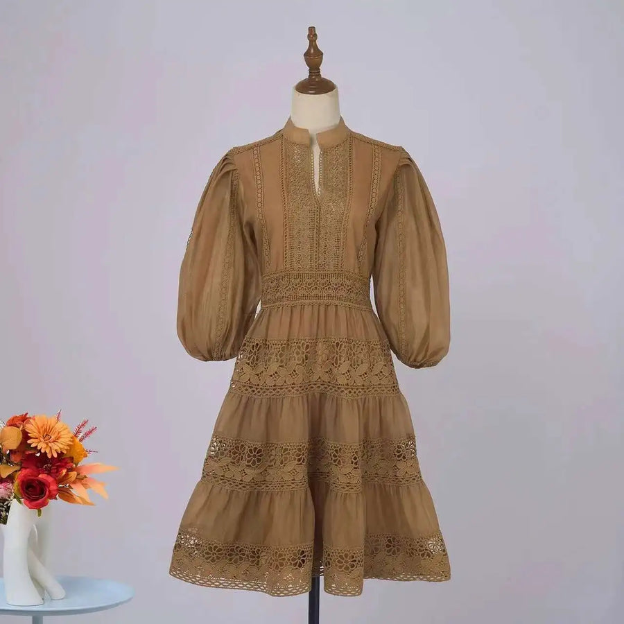 Quality Organza Midi Hollow Out Dresses Women's Half Sleeve Summer Embroidery Lace Evening Party Short Dress Shirt Lady
